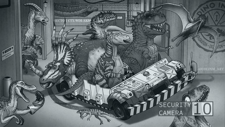 ambiguous_gender beak bone_frill broom camera_view claws cleaning_tool feathers feral flying frill_(anatomy) group hand_puppet hit_and_run horn inside licking licking_lips logo membrane_(anatomy) membranous_wings open_mouth osteoderms recording running scales security security_camera sharp_teeth size_difference teeth text time_machine tire_track tongue tongue_out trash_can vehicle vore warning_sign wings colinm_art dinosaur_(disney) carnotaurus_robustus_floridaensis abelisaurid alioramus brachychampsa carnotaurus cearadactylus centrosaurine ceratopsian ceratopsid compsognathid compsognathus crocodilian dinosaur dromaeosaurid hadrosaurid iguanodon iguanodontian iguanodontid macronarian marginocephalian ornithischian ornithopod parasaurolophus prehistoric_species pterosaur reptile saltasaurid saltasaurus saurischian sauropod sauropodomorph scalie styracosaurus theropod titanosaurian velociraptor english_text greyscale hi_res monochrome