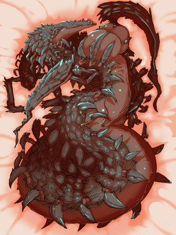 anthro apode big_breasts black_sclera blue_eyes breasts brown_body eyelashes female grey_body huge_breasts legless looking_at_viewer lying on_side serpentine solo tongue tongue_out wide_hips trem_hunt_er hasbro magic:_the_gathering wizards_of_the_coast the_first_sliver draconcopode sliver_(magic:_the_gathering) 3:4 hi_res