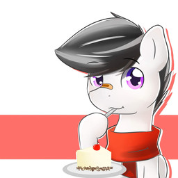 ambiguous_gender black_hair cake dessert eating eating_food feral food glistening glistening_eyes hair holding_object holding_plate looking_at_viewer mouth_closed object_in_mouth plate purple_eyes red_scarf scarf simple_background solo unsigned white_body kewkungzn equid equine horse mammal pony 1:1 2018 digital_drawing_(artwork) digital_media_(artwork) hi_res