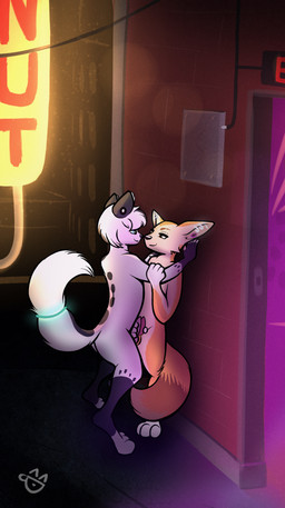 anthro byrne) city city_background cityscape clubhouse duo ear_piercing evening eye_contact femboy frottage looking_at_another male male/male micah_(hazel night outside party penile penises_touching piercing pinned pinned_to_wall public public_nudity public_sex romantic rooftop sex toony white_body yellow_body mokalynx arlo_(mokalynx) arctic_fox canid canine fennec_fox fox mammal red_fox true_fox absurd_res hi_res