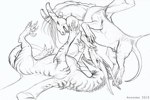 ahkahna crotch_breasts dinosaur dragon drakkor dromaeosaurid female hi_res male monochrome mythological_creature mythological_scalie mythology playing reptile scalie stripes tail teats theropod