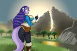 anthro big_breasts breasts butt butt_pose clothed clothing cosplay detailed_background female hair pose purple_hair slightly_chubby solo peterandwhitney breath_of_the_wild nintendo the_legend_of_zelda princess_zelda whitney_(pnc) domestic_cat felid feline felis mammal 3:2