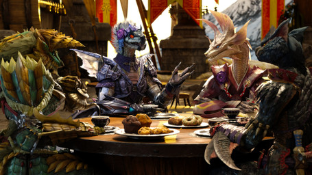 anthro claws clothed clothing container cookie cup dessert detailed_background doughnut drinking female food fur group horn inside muffin open_mouth pastry scales sitting talking_to_another tea_cup wings ivorylagiacrus capcom monster_hunter fanged_wyvern flying_wyvern leviathan_(mh) mizutsune nargacuga scalie tobi-kadachi zinogre 16:9 2025 3d_(artwork) 4k absurd_res blender_(artwork) blender_cycles_(artwork) digital_media_(artwork) hi_res widescreen female_(lore)