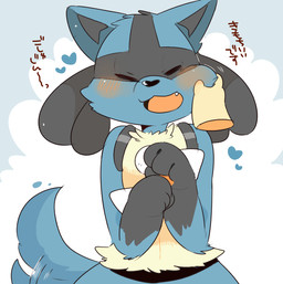 ambiguous_gender anthro black_body black_fur blue_body blue_fur blush cheek_pinch disembodied_hand duo fangs fur happy heart_symbol master multicolored_body multicolored_fur nude open_mouth ownership petting pinch praise simple_background smile solo_focus tail tail_motion tailwag teeth text hyaku_(artist) nintendo pokemon canid canine generation_4_pokemon lucario mammal pokemon_(species) 2017 digital_drawing_(artwork) digital_media_(artwork) japanese_text translated