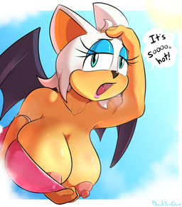 anthro areola areola_slip big_breasts blush bodily_fluids breasts cleavage clothed clothing cooling_off dialogue female hanging_breasts nipple_outline nipple_slip nipples solo sweat tight_clothing davidsanchan sega sonic_the_hedgehog_(series) rouge_the_bat bat mammal hi_res
