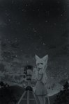 anthro detailed_background female female_anthro hair holding_object inner_ear_fluff kemono long_hair looking_at_viewer looking_back looking_back_at_viewer mountain night plant sky solo standing star stargazing starry_sky telescope tuft naegi canid canine fox mammal 2019 digital_media_(artwork) digital_painting_(artwork) hi_res monochrome