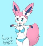 anthro anthrofied bikini blush breasts clothing female looking_at_viewer pokemorph solo swimwear two-piece_swimsuit aurorasylveon nintendo pokemon aurora_sylveon eeveelution generation_6_pokemon pokemon_(species) sylveon