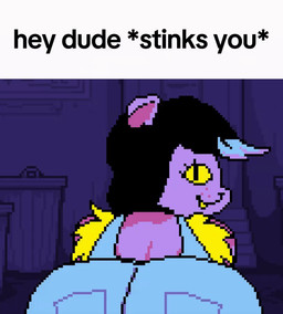 anthro bent_over big_butt black_hair blue_highlights butt butt_focus butt_jiggle butt_ripples caption clothed clothing eyelashes fangs fart fart_fetish farting_at_viewer female fur hair highlights_(coloring) huge_butt jiggling looking_at_viewer looking_back looking_back_at_viewer narrowed_eyes overalls presenting presenting_hindquarters pupils purple_body purple_fur rear_view slit_pupils solo straining talking_to_viewer teeth text yellow_sclera dreamy_toots hey_dude_hypnotizes_you undertale undertale_(series) catty_cattenheimer domestic_cat felid feline felis mammal 2025 animated digital_media_(artwork) english_text meme pixel_(artwork) pixel_animation unavailable_at_source