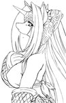 anthro armor big_breasts biped black_and_white blush breasts canid canine clothed clothing digital_drawing_(artwork) digital_media_(artwork) embarrassed female gauntlets gloves hair half-length_portrait hand_on_chest handwear headgear helmet legend_of_mana line_art long_hair looking_away mammal mana_(series) monochrome nipple_outline portrait sad shy side_view sierra_(mana) simple_background snout solo spikes square_enix standing unknown_artist