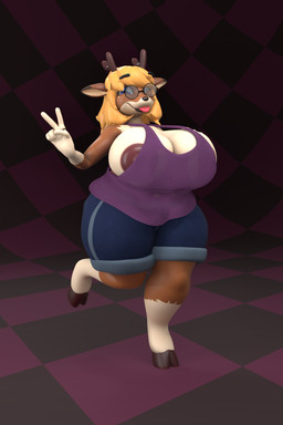 5_fingers anthro antlers areola big_areola big_breasts biped blep blonde_hair blue_eyes bottomwear breasts brown_areola brown_body brown_fur brown_nipples clothing countershade_face countershade_fur countershading eyewear female fingers freckled_face freckles fur gesture glasses glistening glistening_areola hair hand_gesture hooves horn huge_breasts looking_at_viewer nipple_slip nipples overweight overweight_anthro overweight_female shirt shorts smile solo tan_body tan_fur tank_top thick_thighs tongue tongue_out topwear v_sign wearing_glasses bluebambo noel_pepper deer mammal 2:3 3d_(artwork) 3d_model_showcase digital_media_(artwork) hi_res