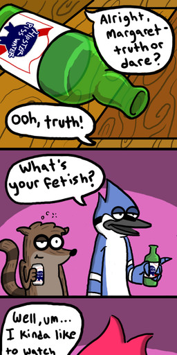 alcohol anthro beak beverage bottle can container dialogue drinking drunk female grin group humor male smile substance_intoxication tail text truth_or_dare thefightingphallus cartoon_network regular_show margaret_smith_(regular_show) mordecai_(regular_show) rigby_(regular_show) avian bird blue_jay cardinal_(bird) corvid jay_(bird) mammal new_world_jay oscine passerine procyonid raccoon absurd_res comic english_text hi_res long_image tall_image