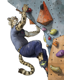 anthro belly blonde_hair blue_bottomwear blue_clothing blue_pants bottomwear climbing climbing_wall_(structure) clothed clothing dirty dirty_clothing footwear fully_clothed fur grey_clothing grey_shirt grey_topwear hair male markings pants rock_climbing shirt shoes side_view simple_background slightly_chubby slightly_chubby_anthro slightly_chubby_male smile solo spots spotted_body spotted_fur tail tan_body tan_fur topwear white_background cettus clouded_leopard felid mammal pantherine 2026 hi_res