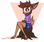 anthro brown_body brown_fur brown_hair clothed clothing female fur hair head_tuft hooves looking_at_viewer open_mouth plant red_eyes simple_background solo tail tail_tuft tree tree_stump tuft white_background norehana_art deer mammal artist_name hi_res