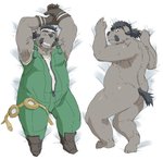 anthro armpit_hair belly body_hair butt clothing dakimakura humanoid_hands kemono lying male overalls overweight overweight_anthro overweight_male solo train_(artist) canid canine canis domestic_dog mammal 2012 dakimakura_design