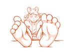 4_toes anthro barefoot belt bottomwear clothed clothing curling_toes feet foot_focus fur hair half-closed_eyes hindpaw hoodie horn humanoid_feet looking_at_viewer male narrowed_eyes pants paws plantigrade presenting shirt smile soles solo toes topwear eccentricchimera bovid caprine goat mammal hi_res monochrome