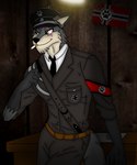 anthro cigarette clothing fur germany grey_body grey_fur hair male nazi purple_hair scar solo uniform nicolasthewolf canid canine canis mammal wolf