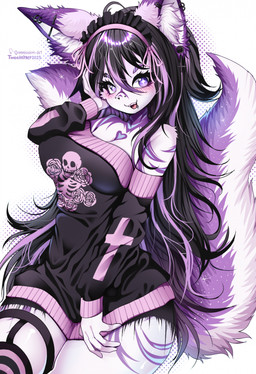2_tails 5_fingers accessory alternative_fashion anthro breasts chest_tuft clothing cross ear_piercing facial_piercing female fingers fluffy fluffy_ears fur fur_markings garter_straps goth hair hair_accessory lip_piercing markings multi_tail multicolored_body multicolored_fur nose_piercing open_mouth oversized_clothing pastel_goth piercing purple_body purple_eyes purple_fur smile solo tail tuft two_tone_body two_tone_fur conditional_dnp tweenstrip felid feline felis mammal hi_res