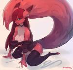 anthro arm_tuft bangs bare_shoulders belly big_breasts big_tail biped blue_eyes bottomless breasts brown_body brown_fur cheek_tuft chest_tuft choker cleavage clothed clothing countershading digitigrade ears_back facial_tuft female fur hair half-closed_eyes inner_ear_fluff jewelry kneeling legwear long_hair looking_at_viewer narrowed_eyes necklace off_shoulder piercing pivoted_ears pupils red_body red_fur red_hair shoulder_tuft simple_background slit_pupils solo straight_hair tail thick_thighs thigh_highs three-quarter_view tongue tongue_out tuft white_background white_belly wide_hips ohnarev amber_(kanel) canid canine fox mammal 2016