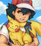 ambiguous_gender brown_eyes clothing cloud day duo eyes_closed fluffy fur male sky smile yellow_body yellow_fur elronya nintendo pokemon pokemon_(anime) ash's_pikachu ash_ketchum generation_1_pokemon human mammal pikachu pokemon_(species) hi_res shaded