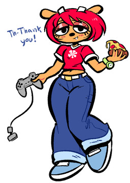 anthro belt blue_clothing blue_footwear blue_shoes blush blush_lines bottomwear clock clothing controller denim denim_bottomwear denim_clothing dialogue female food footwear hair jeans looking_at_viewer orange_body pants pizza red_clothing red_hair red_shirt red_topwear shirt shoes solo standing talking_to_viewer thick_thighs topwear watch wide_hips wristwatch newtype_hero parappa_the_rapper sony_corporation sony_interactive_entertainment um_jammer_lammy lammy_lamb bovid caprine mammal sheep