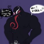 big_pecs big_tongue blush bodily_fluids dialogue drooling heart_symbol licking male masturbation muscular nipples obscured_masturbation onomatopoeia pecs saliva smile solo sound_effects speech_bubble text tongue tongue_out vein white_eyes munsshy marvel eddie_brock venom_(marvel) alien human humanoid mammal symbiote english_text hi_res