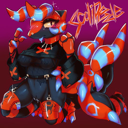 anthro black_clothing blep blue_markings blush bodily_fluids breasts clothing drooling female genital_fluids genitals glistening glistening_body horn looking_at_viewer markings multi_limb nipple_piercing nipples piercing red_body saliva solo tongue tongue_out vaginal_fluids vulva yellow_eyes r3dz33 nintendo pokemon arthropod centipede generation_5_pokemon myriapod pokemon_(species) scolipede shiny_pokemon 1:1 source_request