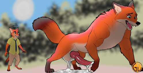 all_fours animal_genitalia animal_penis anthro anthro_to_feral balls big_balls bodily_fluids body_size_growth canine_genitalia canine_penis clothed clothing cross-eyed cum excessive_bodily_fluids excessive_cum excessive_genital_fluids excessive_precum expansion feral forest fully_clothed fur genital_expansion genital_fluids genitals green_eyes growth hyper_growth knot long_penis looking_pleasured male night open_mouth orange_body orange_fur penis penis_expansion plant precum quadruped size_transformation solo tapering_penis transformation tree golddreams_(artist) disney zootopia nick_wilde canid canine fox mammal red_fox true_fox absurd_res hi_res