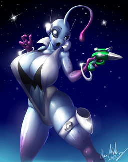 3_fingers antennae_(anatomy) big_breasts black_lips blush breasts cleavage clothed clothing female fingers gun holding_object holding_weapon huge_breasts lips ranged_weapon sky solo star starry_sky weapon year marauder6272 alien humanoid 2012 signature