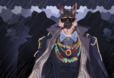 anthro cigar clothing coat eyewear jewelry looking_at_viewer male necklace raining scar silhouette solo_focus sunglasses topwear delax_(artist) canid canine canis domestic_dog mammal