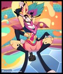 4_arms 4_fingers anthro black_body black_border black_fur border bottomwear clothing crop_top crouching detailed_background feet female fingers flowing_hair flowing_tail fur hair hindpaw inside looking_at_viewer midriff multi_arm multi_limb multicolored_body multicolored_fur patreon_logo paws pink_eyes pole shirt shorts smile snout solo topwear yellow_body yellow_fur mandyfoxy helluva_boss patreon queen_bee-lzebub_(helluva_boss) arthropod bee canid canine demon fox hybrid hymenopteran insect mammal 2024 artist_name digital_drawing_(artwork) digital_media_(artwork) hi_res watermark