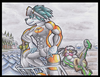 abs anthro black_border boat border brown_body brown_fur bulge clothing diving_suit duo eyewear eyewear_on_head female footwear fur goggles goggles_on_head hair male muscular muscular_anthro one_eye_closed oxygen_tank panties plant teal_hair tree underwear vehicle water watercraft white_body white_fur virus-20 june_coyote travis_seal aquatic canid canine canis coyote mammal pinniped seal 2009 traditional_media_(artwork)
