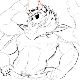 4_arms antennae_(anatomy) anthro barazoku beard body_hair bottomwear clothed clothing facial_hair happy_trail male multi_arm multi_limb muscular muscular_anthro muscular_male neck_tuft nipples pecs pubes solo topless tuft zordykeaboo home_zomewhere_else mothoc arthropod insect lepidopteran moth 1:1 hi_res sketch