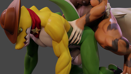 accessory anthro balls bouncing_balls butt clothing cock_ring doggystyle duo from_behind_position fur genitals green_body hat headgear headwear jewelry male male/male musclegut muscular orange_body orange_fur pecs penis_accessory penis_jewelry scarf sex thrusting yellow_body urswickzzz chocoscorner_(modeler) valorlynz_(modeler) glitch_productions nintendo pokemon the_amazing_digital_circus gummigoo_(tadc) arcanine canid canine crocodile crocodilian generation_1_pokemon mammal pokemon_(species) reptile scalie 16:9 animated hi_res no_sound short_playtime widescreen