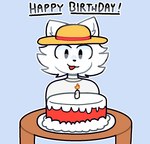 ambiguous_gender anthro big_eyes birthday black_nose blue_background cake candle cheek_tuft clothing dessert facial_tuft fire food fur furniture happy happy_birthday hat headgear headwear open_mouth open_smile outline simple_background smile solo sun_hat table text tuft white_body white_fur white_outline xcrst1 felid feline mammal 2024 aliasing binary_drawing cel_shading character_request digital_drawing_(artwork) digital_media_(artwork) english_text half-length_portrait portrait shaded