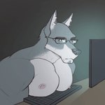 anthro big_pecs bouncing_pecs computer electronics eyewear glasses keyboard male muscular muscular_anthro muscular_male nipples pecs solo typing grossy_vulpen canid canine canis mammal wolf 1:1 animated low_res short_playtime