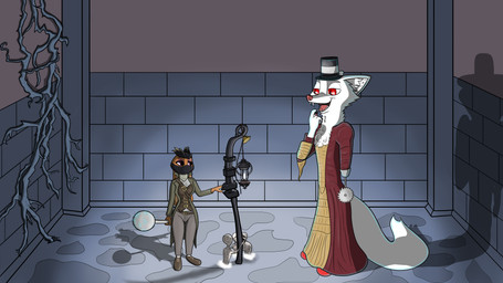 4_fingers amputee anthro brown_body brown_fur clothing disability dress female fingers footwear fur group hat headgear headwear lamp lantern male mask open_mouth pink_nose plant purple_eyes red_eyes shadow sharp_teeth shoes smile teeth tongue weapon white_body white_fur albinefox bloodborne disney fromsoftware sony_corporation sony_interactive_entertainment zootopia fan_character marshmallow_(albinefox) root the_hunter_(bloodborne) canid canine fox lagomorph leporid mammal rabbit 16:9 2019 crossover hi_res widescreen