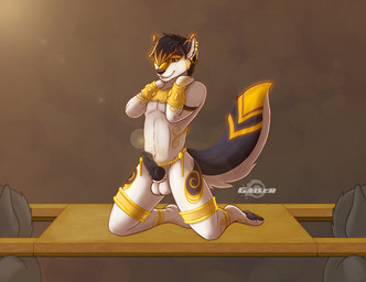 animal_genitalia animal_penis anthro balls bangle black_hair black_penis canine_genitalia canine_penis erection fur genitals group hair jewelry kneeling knot male markings multicolored_body multicolored_fur multicolored_tail penis solo_focus tail white_balls white_body white_fur gaiser cypherwolf canid canine mammal