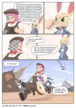 anthro athletic athletic_female battlefield blood bodily_fluids bow_tie clothing dialogue energy_sword energy_weapon female fur gun hair hat headgear headwear male melee_weapon pink_hair ranged_weapon suit sword tan_body tan_fur text weapon ttux3 pina_(ttux3) ram_(ttux3) human lagomorph leporid mammal rabbit colored comic english_text hi_res url