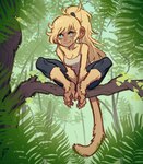 :3 anthro barefoot big_ears blonde_hair blue_eyes clothing facial_hair feet female forest fur hair hand_feet in_tree jungle leggings legwear looking_at_viewer monkey_ears monkey_feet plant ponytail prehensile_feet shirt sitting solo tail tan_body tan_skin tank_top toes topwear tree yellow_body yellow_fur tateoftot haplorhine mammal monkey primate