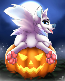 4_toes blue_body blue_eyes blue_fur butt digitigrade dipstick_tail feathers featureless_crotch feet female feral food fruit fur hindpaw holidays jack-o'-lantern light looking_at_viewer lying markings moon mooning moonlight multicolored_body multicolored_feathers multicolored_fur multicolored_tail night null on_front outside pawpads paws pink_pawpads plant pumpkin rear_view solo suggestive_pose tail tail_markings toes tongue tongue_out white_body white_fur wings mohitopaw halloween avey_(avey_aveon) canid canine canis fox mammal 4:5 animated hi_res loop slideshow
