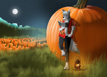 aloha_shirt anthro barefoot book clothing costume feet food forest forest_background fruit full_moon halloween_costume holidays lamp lantern light male moon moonlight nature nature_background night pattern_clothing pattern_shirt pattern_topwear paws plant pumpkin pumpkin_patch reading reading_book shirt solo star topwear tree xussurix halloween dante_kinkade canid canine canis mammal wolf absurd_res hi_res