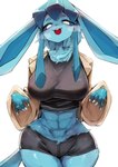 abs anthro big_breasts big_ears blue_body blue_ears blue_fur blue_hair bottomwear breasts clothing ears_down female fur hair looking_at_viewer pivoted_ears pokemorph pupils short_hair shorts simple_background smile smiling_at_viewer solo tail white_background white_pupils wide_hipped_female wide_hips my700 nintendo pokemon eeveelution generation_4_pokemon glaceon mammal pokemon_(species) 2025 colored digital_media_(artwork) hi_res portrait shaded