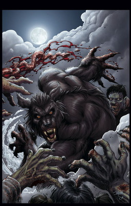 attack battle big_muscles black_hair black_nose blood blood_on_hand bodily_fluids brown_body brown_fur claws clothed clothing crouching fangs full_moon fur gore green_body green_skin group hair interspecies male moon muscular night no_pupils open_mouth orange_eyes saliva sharp_teeth sky solo_focus standing teeth topless nasstudiosllc mythology the_cursed_and_the_damned canid canine human mammal mythological_canine mythological_creature undead werecanid werecanine werecreature werewolf zombie 2014 detailed official_art