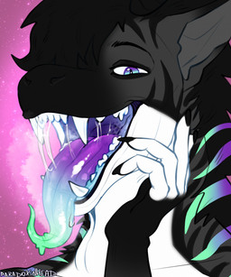ambiguous_gender anthro black_body black_fur blue_eyes blue_mouth bodily_fluids cosmic_background fingerless_(marking) fingerless_gloves_(marking) fur gloves_(marking) gradient_eyes gradient_markings gradient_tongue green_tongue hair hair_over_eye hand_on_chin humanoid_hands looking_at_viewer markings mouth_shot open_mouth pink_background purple_eyes purple_tongue saliva saliva_on_tongue saliva_string sharp_teeth simple_background solo striped_body striped_fur striped_markings stripes teeth tongue tongue_out white_body white_fur paradoxinhead 2026 digital_drawing_(artwork) digital_media_(artwork) english_description hi_res