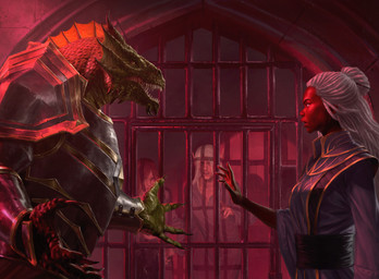 anthro armor brown_hair female fin green_body green_scales group hair male open_mouth prison scales white_hair lie_setiawan dungeons_and_dragons hasbro magic:_the_gathering wizards_of_the_coast dragonborn_(dnd) elf human humanoid mammal scalie hi_res official_art