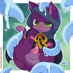 3_toes abstract_background anus balls blush clothing countershading cute_fangs ears_up erection fangs feet feral fluffy fur genitals green_eyes hood inner_ear_fluff lying male markings mostly_nude on_back open_mouth pawpads penis pink_pawpads purple_body purple_countershading purple_fur solo spread_legs spreading striped_markings striped_tail stripes tail tail_markings tapering_penis teeth tentacles thin_tail toes tongue tuft whiskers x_anus chikorita_moon skykiru domestic_cat felid feline felis mammal 1:1 2019 hi_res