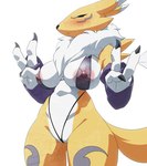 3_fingers absurd_res angry annoyed anthro areola areola_slip bandai_namco big_areola big_breasts big_nipples bikini black_sclera blue_eyes blush breasts camel_toe chest_tuft clothed clothing digimon digimon_(species) double_v_sign female fingers fur genitals gesture half-closed_eyes hand_gesture hi_res inker_comics narrowed_eyes navel nipples not_happy one-piece_swimsuit pink_areola pink_nipples pose presenting pussy pussy_floss renamon simple_background skimpy skimpy_bikini sling_bikini solo standing swimwear thong translucent translucent_clothing tuft underwear v_sign white_body white_fur yellow_body yellow_fur