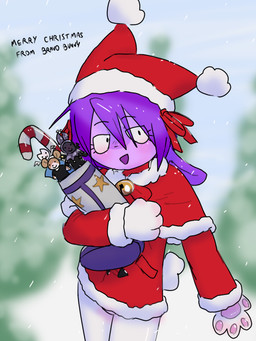 :d anthro christmas_clothing christmas_headwear clothed clothed_female clothing detailed_background female fur hair hat headgear headwear holidays merry_christmas open_mouth open_smile purple_body purple_fur purple_hair red_ribbon santa_hat smile snow solo bravobunny christmas lagomorph leporid mammal rabbit hi_res portrait three-quarter_portrait