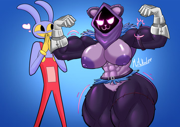 5_fingers abs anthro areola biceps big_areola big_breasts black_eyes blue_background breasts clothing curvy_figure duo female fingers flexing flexing_bicep flexing_both_biceps fur genitals gloves handwear heart_symbol hourglass_figure huge_areola huge_breasts huge_thighs long_ears male mostly_nude motion_lines multicolored_body multicolored_fur muscular muscular_anthro muscular_female muscular_thighs nipples overalls pink_eyes purple_body purple_fur shadow_face simple_background small_waist smile teeth text thick_thighs two_tone_body two_tone_fur voluptuous vulva wide_hips yellow_clothing yellow_gloves yellow_handwear yellow_sclera mrmelted epic_games fortnite glitch_productions the_amazing_digital_circus jax_(tadc) raven_team_leader bear lagomorph leporid mammal rabbit 2024 absurd_res artist_name crossover dated digital_drawing_(artwork) digital_media_(artwork) hi_res signature