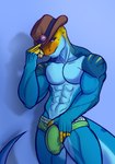 2022 5_fingers abs anthro bedroom_eyes biceps big_bulge blue_background blue_body blue_scales blue_theme briefs brown_clothing brown_hat brown_headwear bulge clothed clothing collared_lizard colored_sketch common_collared_lizard cowboy_hat detailed_bulge digital_drawing_(artwork) digital_media_(artwork) english_text fingers genital_outline green_briefs green_clothing green_eyes green_underwear hand_on_bulge hat haydenskull headgear headwear heart_accessory heart_symbol hi_res holding_bulge holding_clothing holding_hat holding_headgear holding_headwear holding_object lizard looking_at_viewer male markings monotone_briefs monotone_clothing monotone_underwear monroe_lehner muscular muscular_anthro muscular_male muscular_thighs narrowed_eyes one_eye_obstructed orange_body orange_scales pecs penis_outline pink_heart pinup pose presenting presenting_bulge reptile scales scalie seductive shaded shadow simple_background sketch soft_shading solo spots spotted_body spotted_scales striped_body striped_scales stripes text topless topless_anthro topless_male underwear unsigned yellow_body yellow_scales